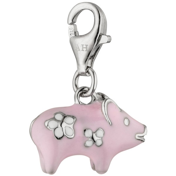 Bettelarmband, Einhänger, Charm Schweinchen 925er Silber, rosa lackiert, Höhe ca. 11 mm, Gewicht ca. 2,3 Gramm