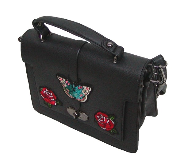 Angel kiss FLOWER kleine freche Handtasche mit Schmetterling schwarz, Fashion Strap INKA Design, 25x19x10 cm